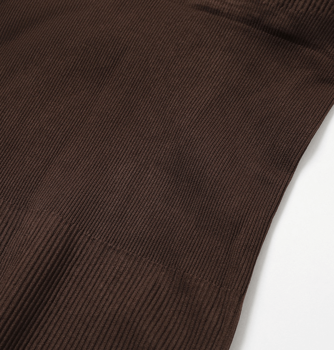 Close-up of ribbed texture on chocolate brown seamless yoga suit with thumb holes, ideal for fitness and yoga activities.